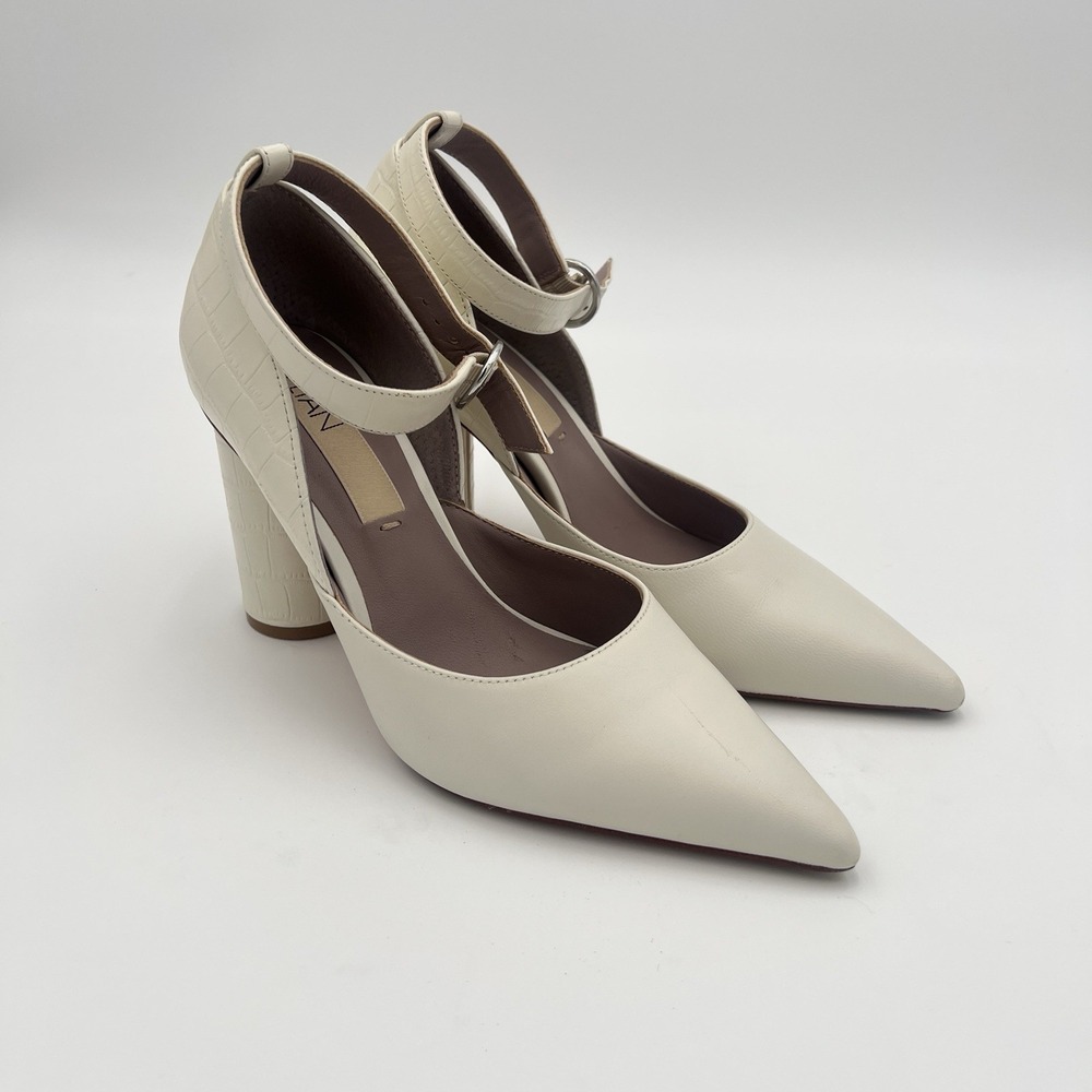 DELTAN Women's Cream Ivory Pointed Toe Ankle Strap Block Heel Shoes Size 7